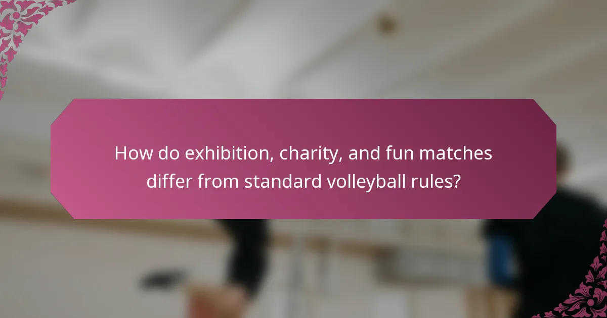 How do exhibition, charity, and fun matches differ from standard volleyball rules?